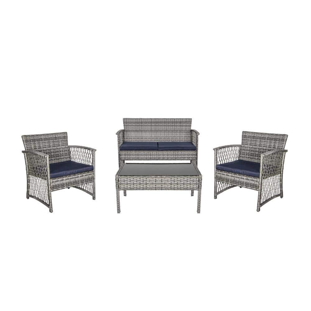 Morada 4-Piece Woven Rattan Wicker Sofa Set, Navy