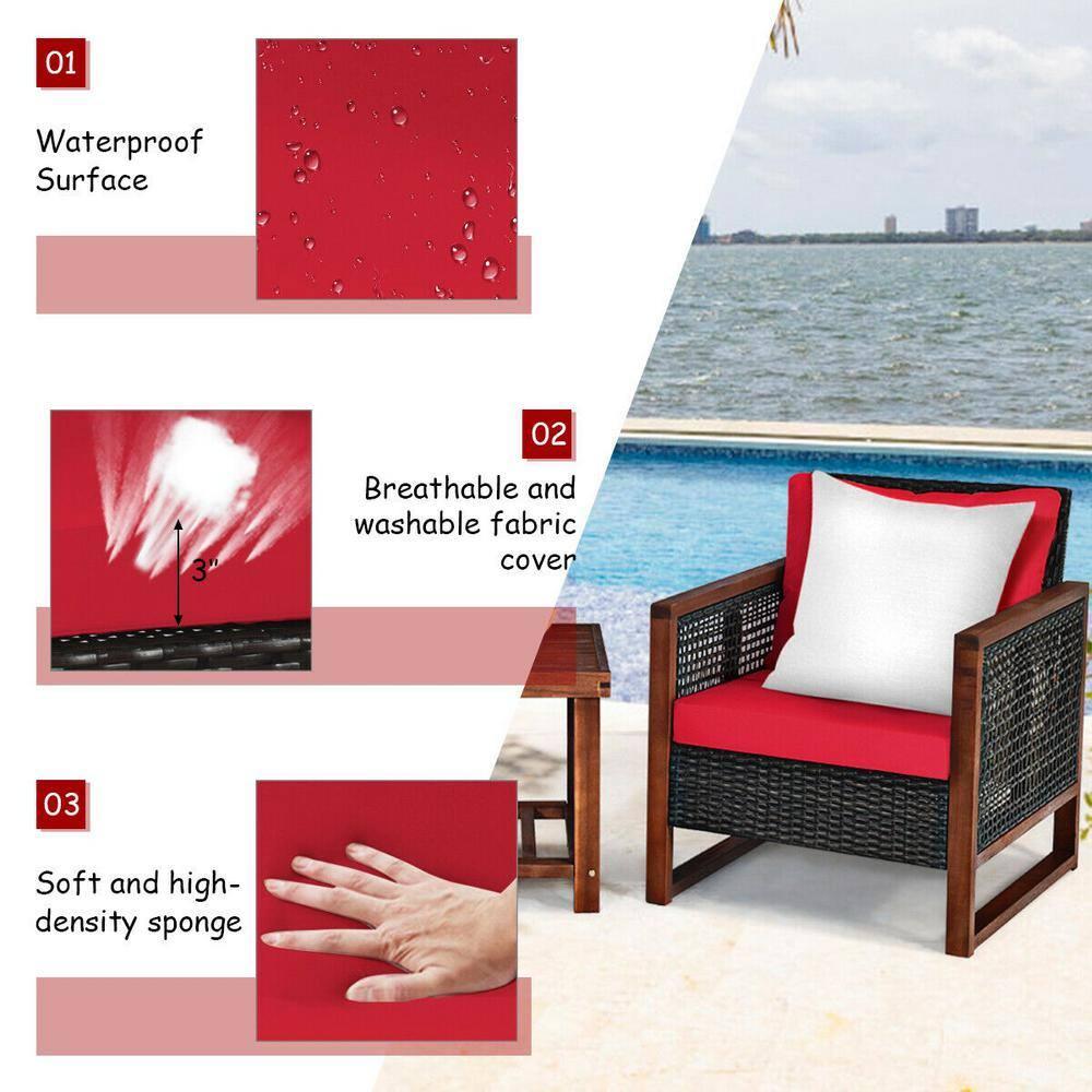 Costway 3PCS Patio Wicker Furniture Set Solid Wood Frame Cushion Sofa w/ Square Table Shelf Red