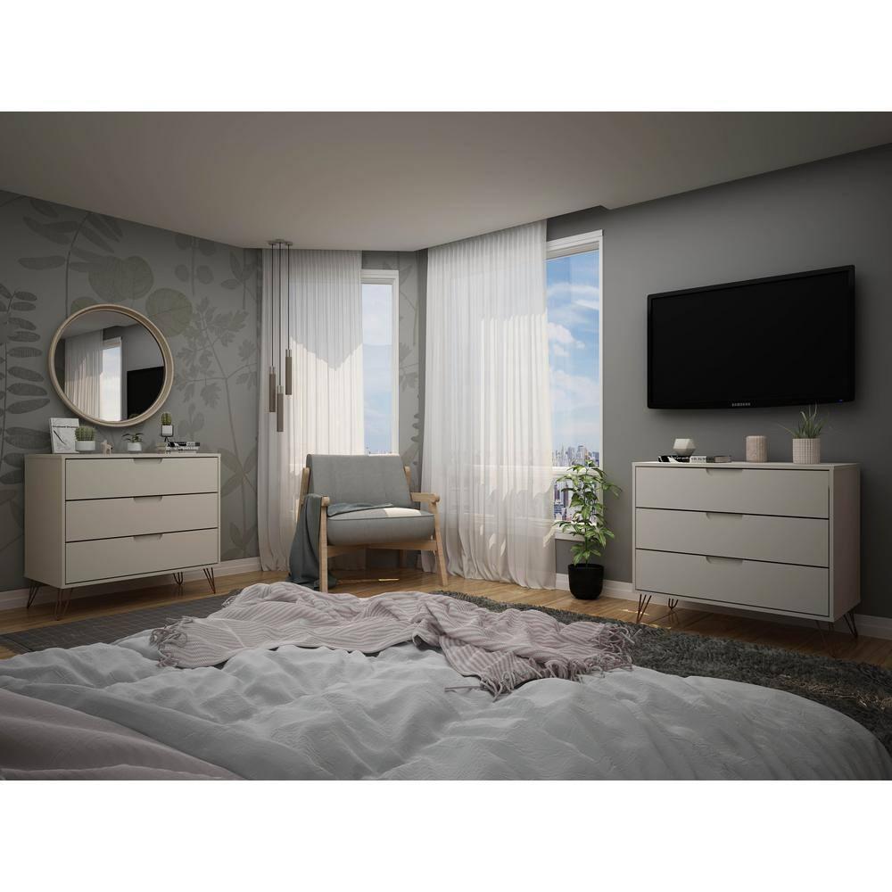 Set of 2 Rockefeller 3 Drawer Dresser Off White - Manhattan Comfort: MDF Bedroom Storage, Easy-Glide, Includes Anti-Tip Hardware