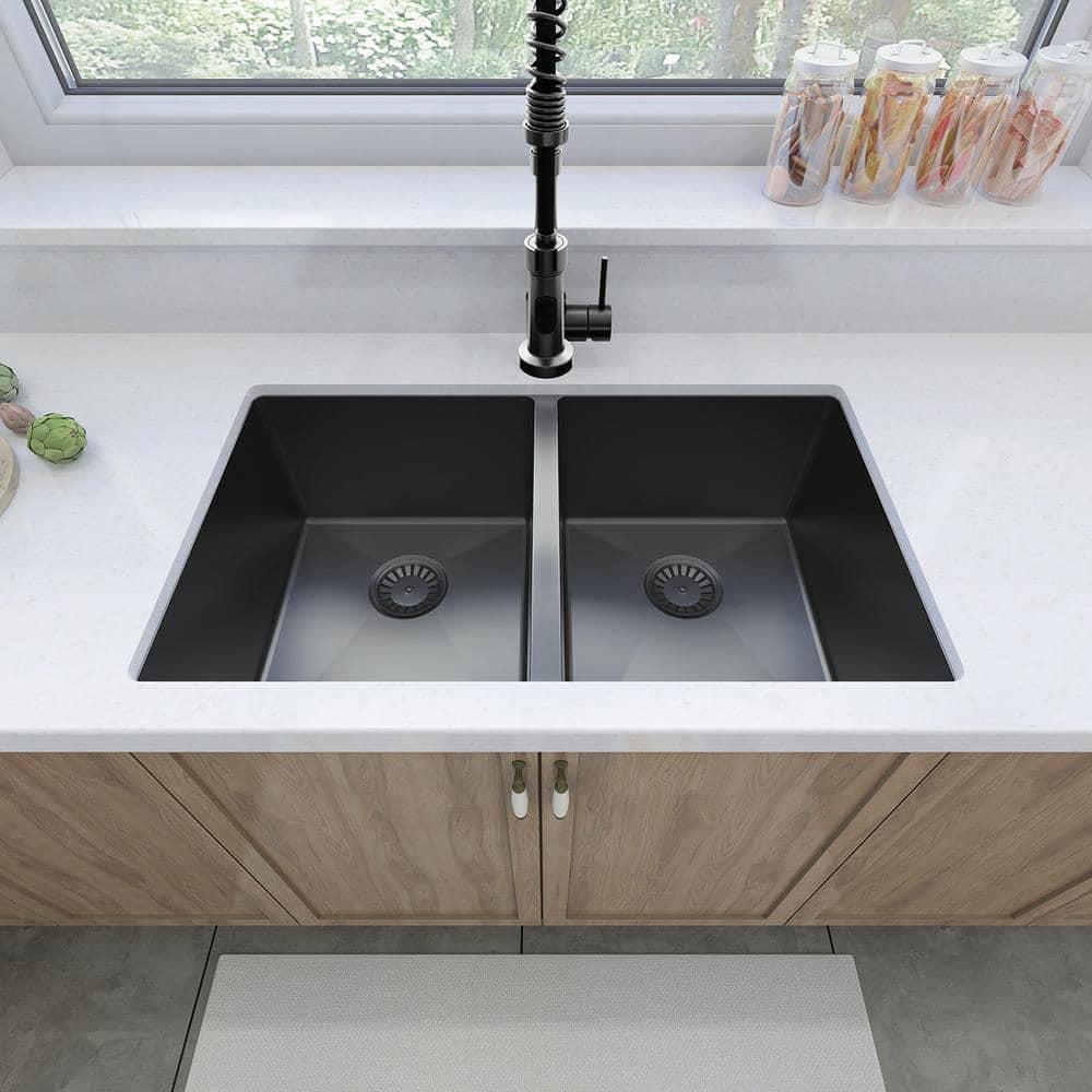 Sinber  Undermount Double Bowl 304 Stainless Steel Kitchen Sink 32" x 19" x 10"(18 Gauge Sink Only) - Black