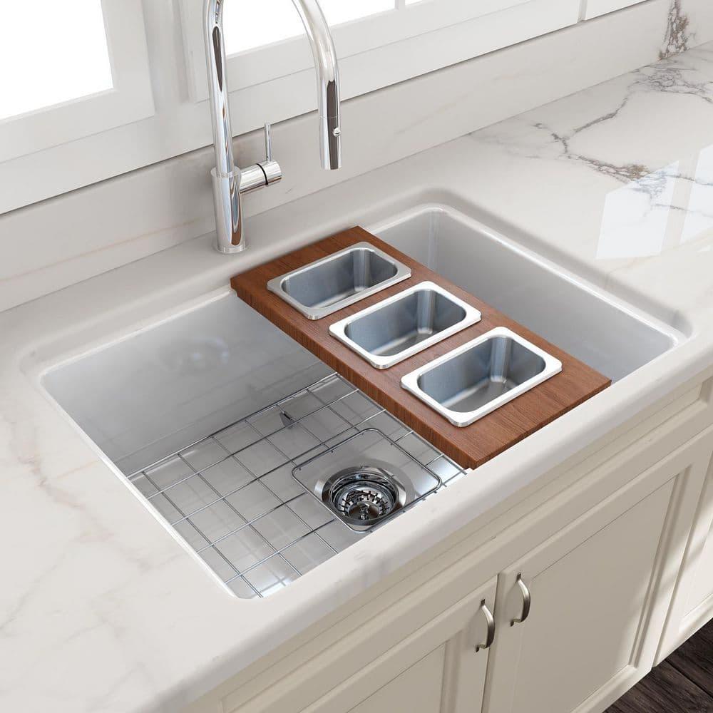 BOCCHI Wood Board With 3 Rectangular Stainless Steel Bowls F/1344, 1348, 1360, 1362, 1504, 1505, 1506 (Short Side Only), 1627, 1628