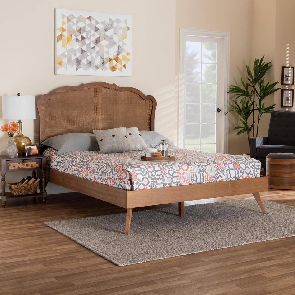 Baxton Studio King Aithan Wood and Rattan Platform Bed Walnut Brown