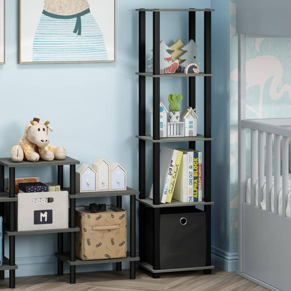Furinno TNT No Tools 5-Tier Display Decorative Shelf with One Bin, French Oak Grey/Black/Black