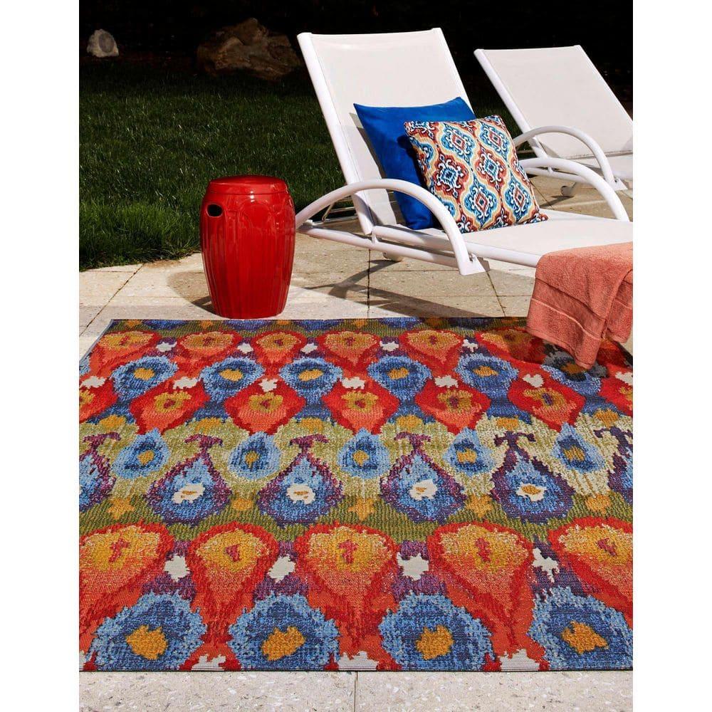 Unique Loom Outdoor Modern Collection Area Rug - Ikat (4' 1" x 6' 1" Rectangle Multi/Burgundy)