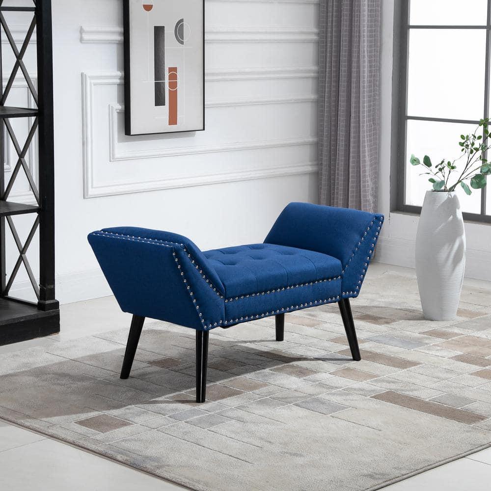 HOMCOM Modern Button Tufted Sitting Bench, Accent Fabric Upholstered Ottoman for Bedroom or Living Room, Blue