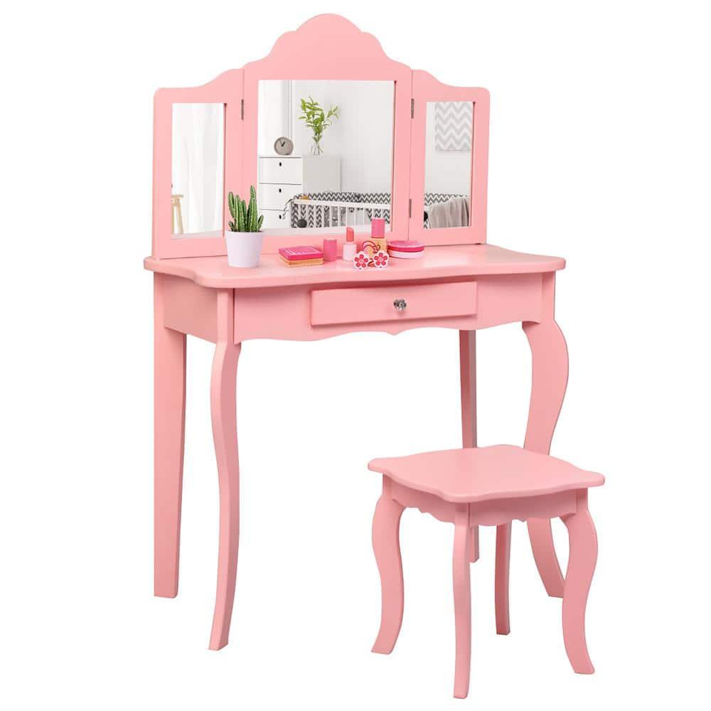 Infans Kids Vanity Table & Stool Princess Dressing Make Up Play Set for Girls Pink