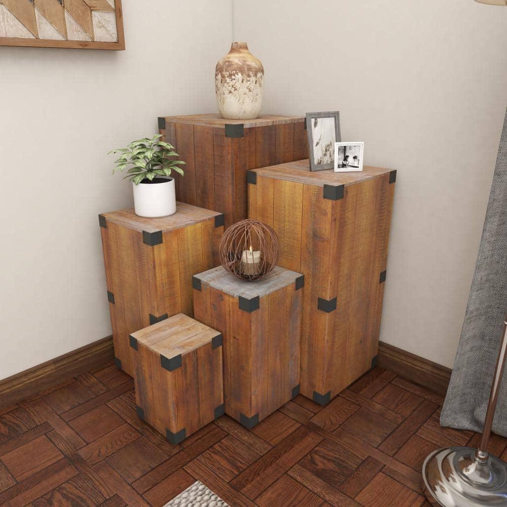 Set of 5 Farmhouse Wood Pedestal Tables Brown - Olivia & May: Indoor Accent Furniture, No Assembly Required