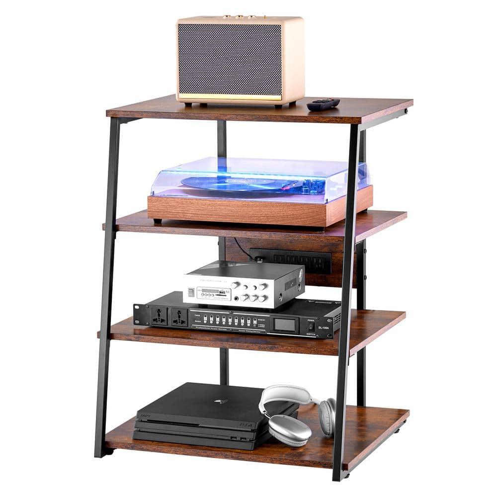 VEVOR 4-Tier AV Media Stand with Power Strips, Corner TV Stand with LED Lights, Height Adjustable Wooden Shelves
