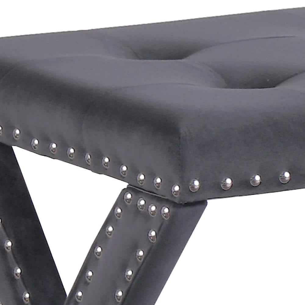 Velvet Fabric Upholstered Square Accent Bench in Gray