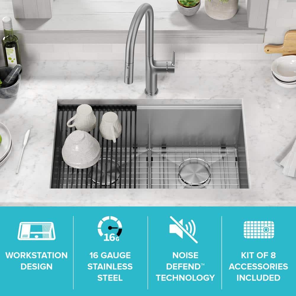 Kraus KRAUS Kore™ 30" L Undermount Workstation 16 Gauge Stainless Steel Double Bowl Kitchen Sink KWU112-30