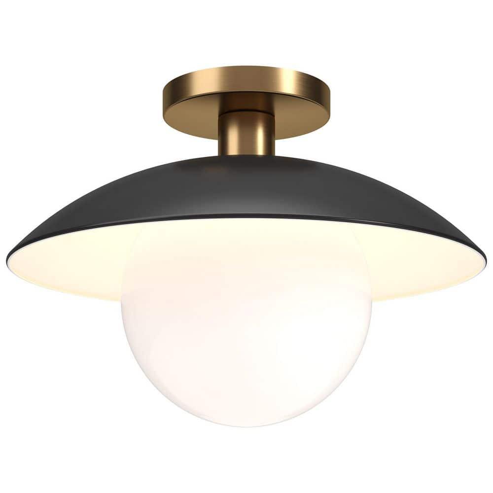 Evelyn&Zoe 14.5" Matte Black/Brass Metal/Glass Semi Flush Mount