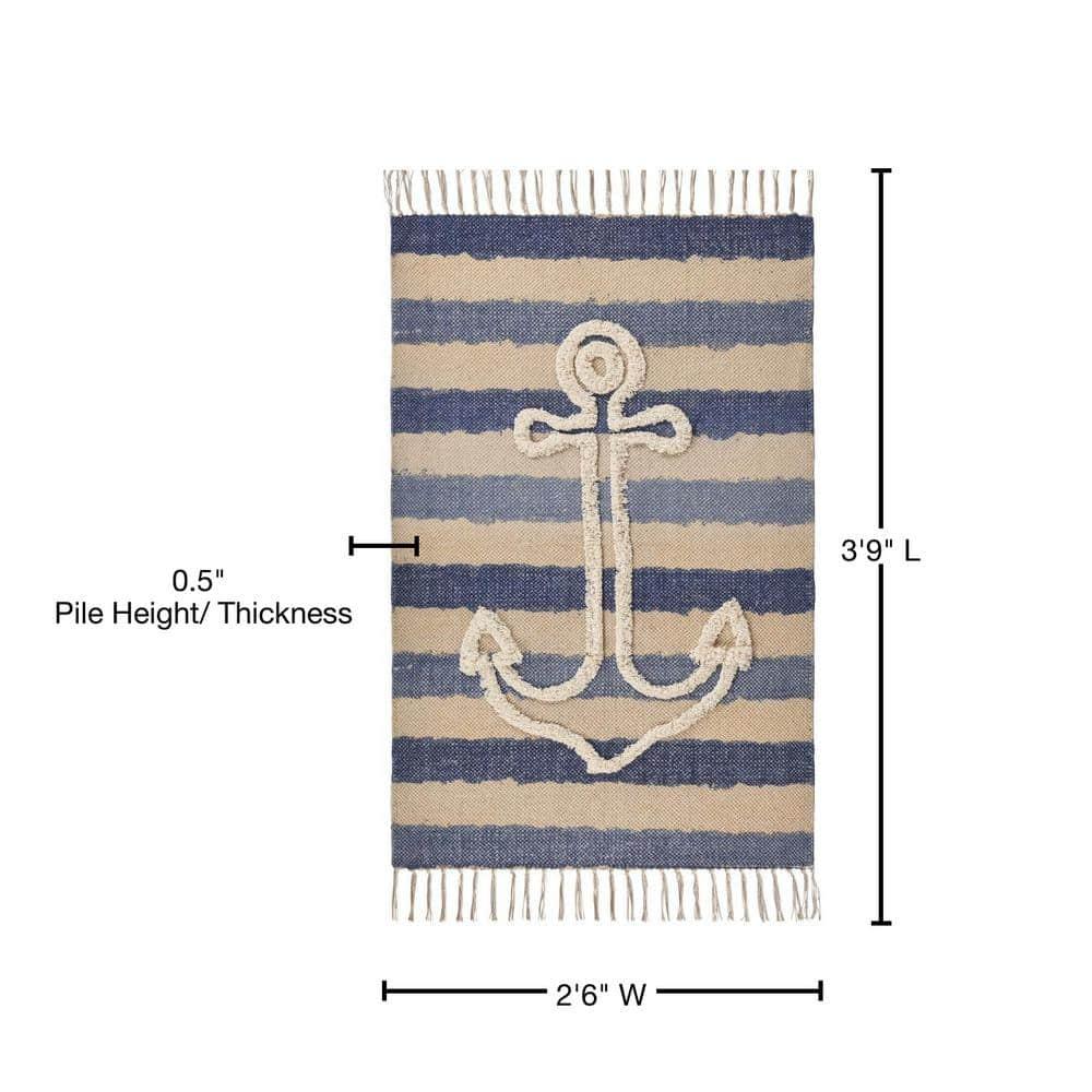 Ox Bay Blair 2'6" x 3'9" Blue/Beige Shag Anchor Striped Durable Indoor Area Rug