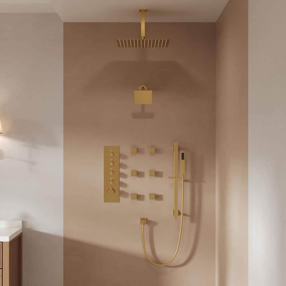 GRANDJOY 16 inch Complete Dual Shower Head System, Celling Mounted Shower Faucet Set with Hand Shower Head, Rough in-Valve, 6 Massage Body Jets - Brushed Gold
