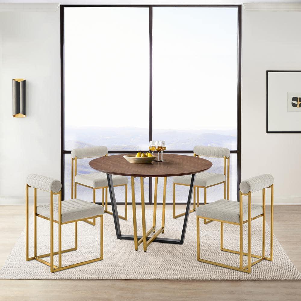 Armen Living 48" Joana Round Stainless Steel and Iron Base with Tabletop Dining Table Gold/Black/Walnut