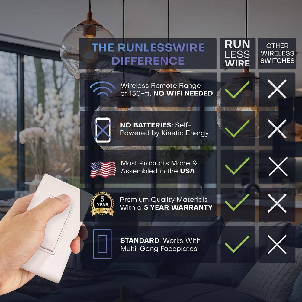 RunLessWire 3-Way On/Off Wireless Battery-Free Remote Light Switch Kit 150ft Range - Light Almond