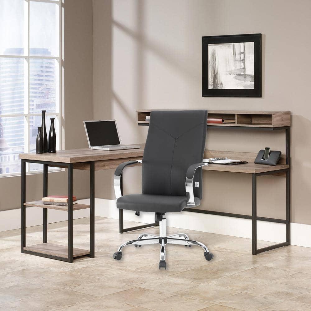 LeisureMod Sonora High-Back Leather Office Chair with Adjustable Height, Swivel, and Tilt in Grey