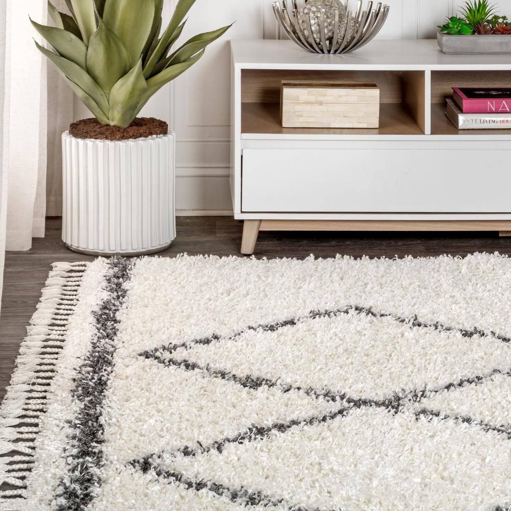 5'x8' Mercer Shag Plush Tassel Moroccan Geometric Trellis Area Rug, Cream/Grey - JONATHAN Y