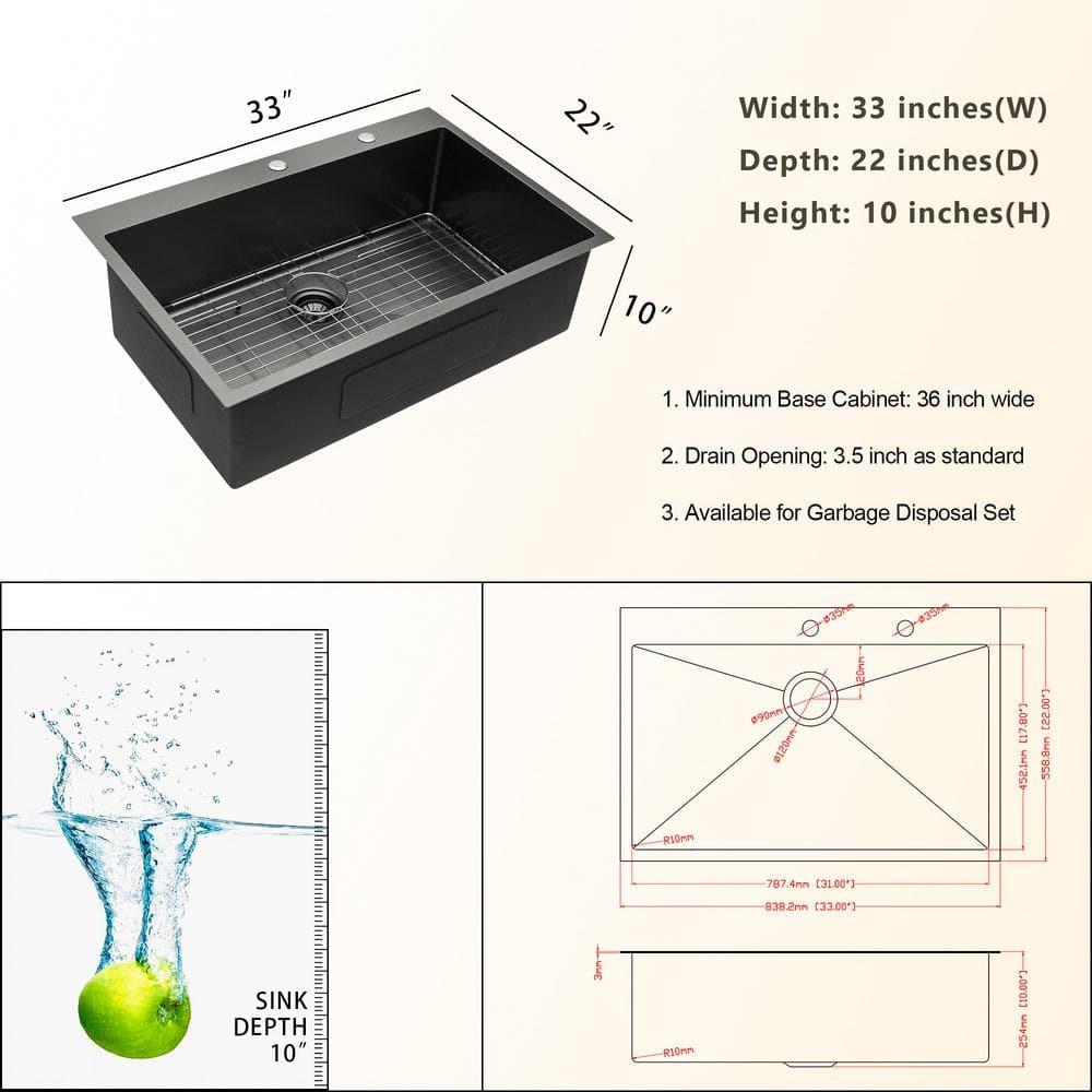 33" L x 22" W Drop-in Double Bowl 60/40 Sink 16 Gauge Stainless Steel Kitchen Sink Topmount Sink