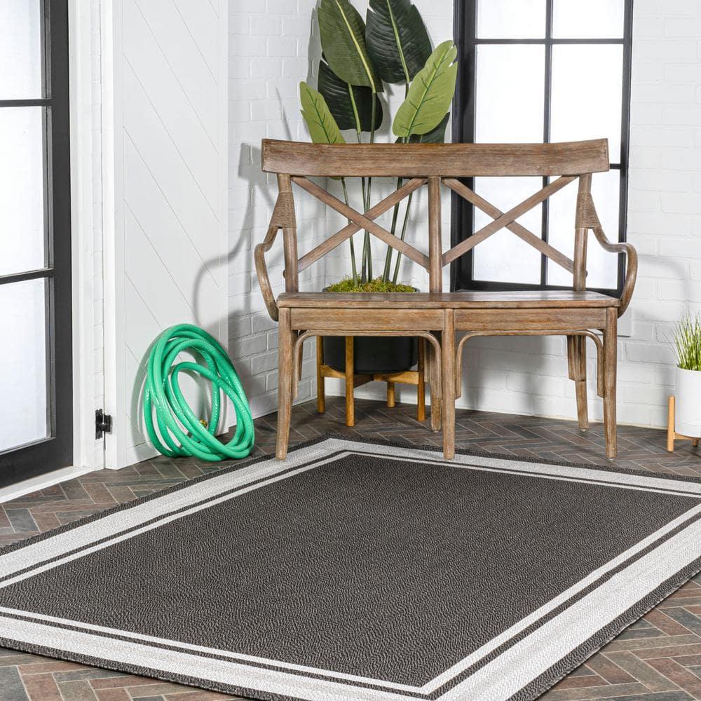 5' x 8' James Modern Border Stripe Indoor/Outdoor Area Rug, Black/Cream - JONATHAN Y