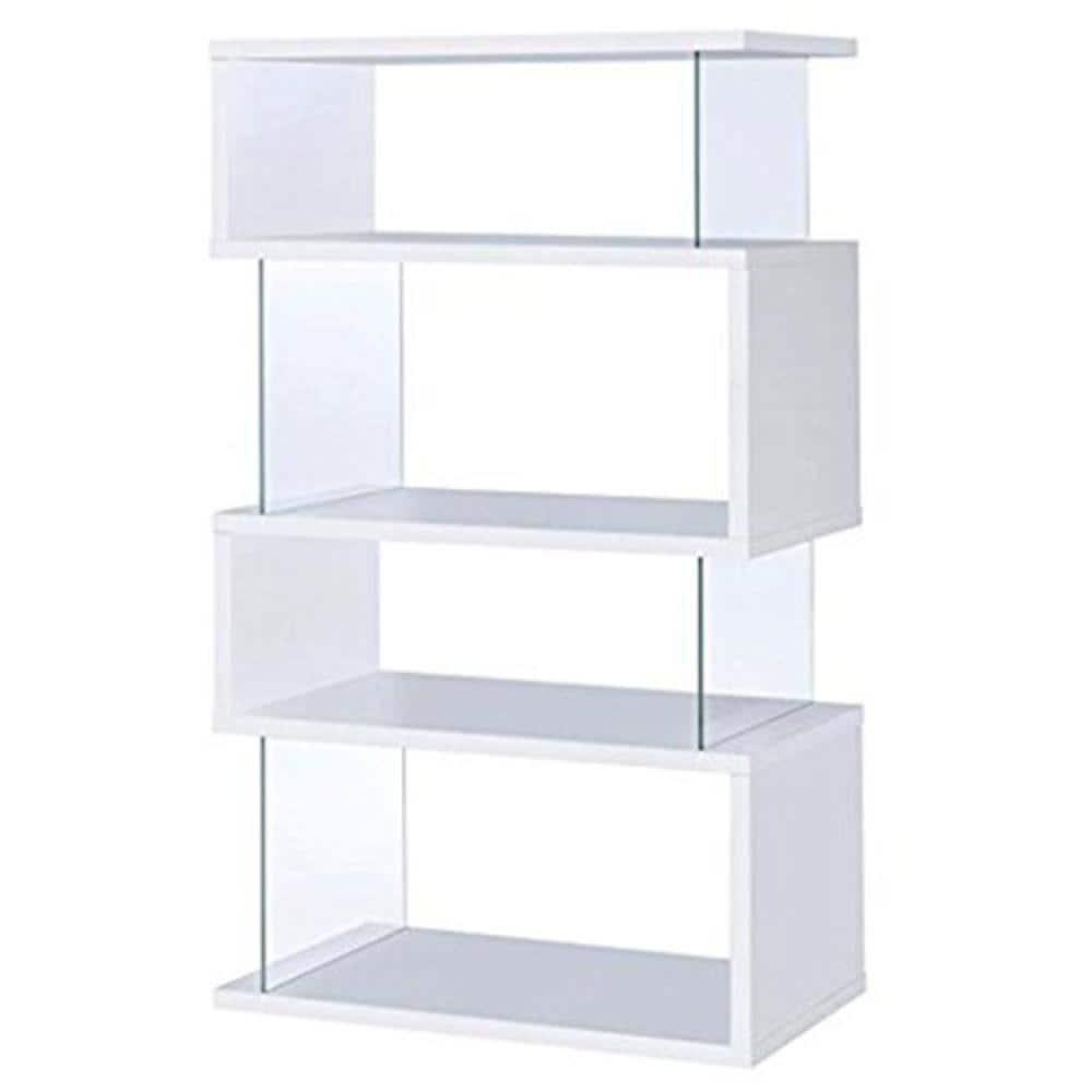 Benzara 3-Shelf Wood Bookcase with Tempered Glass Sides in Glossy White