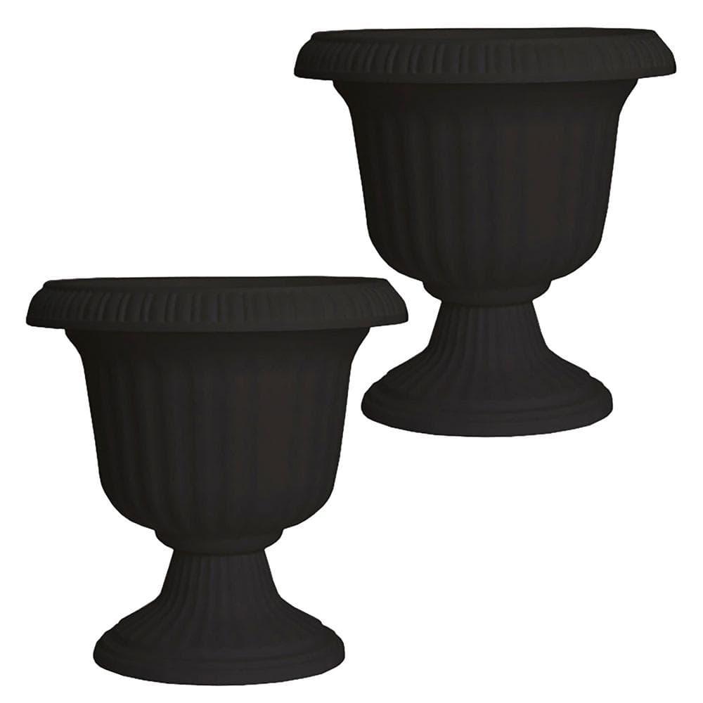 Southern Patio Large 14 Inch Outdoor Garden Lightweight Utopian Urn Planter with UV-Coated Finish for Entryways, Walkways, and More, Black (2 Pack)