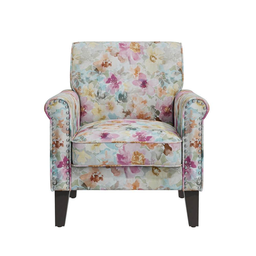 Handy Living Janet Traditional Rolled Arm Accent Chair with Pewter Nailheads Floral Pattern Pink
