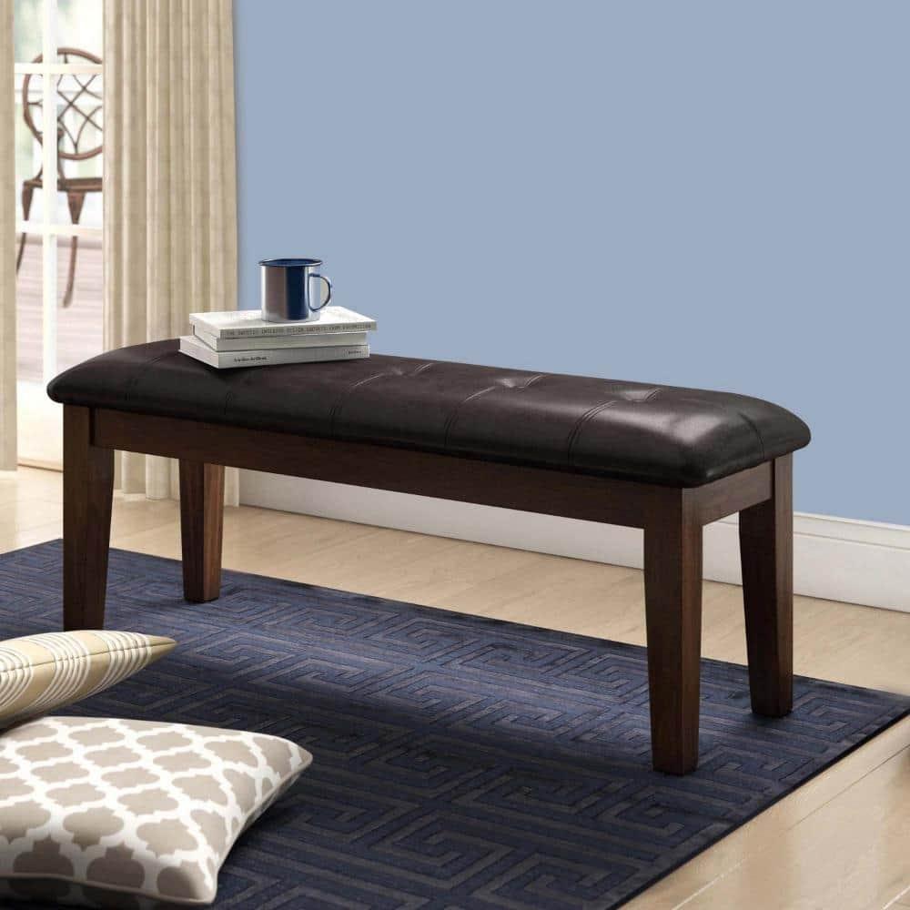 Button Tufted Faux Leather Upholstered Wooden Bench, Espresso Brown