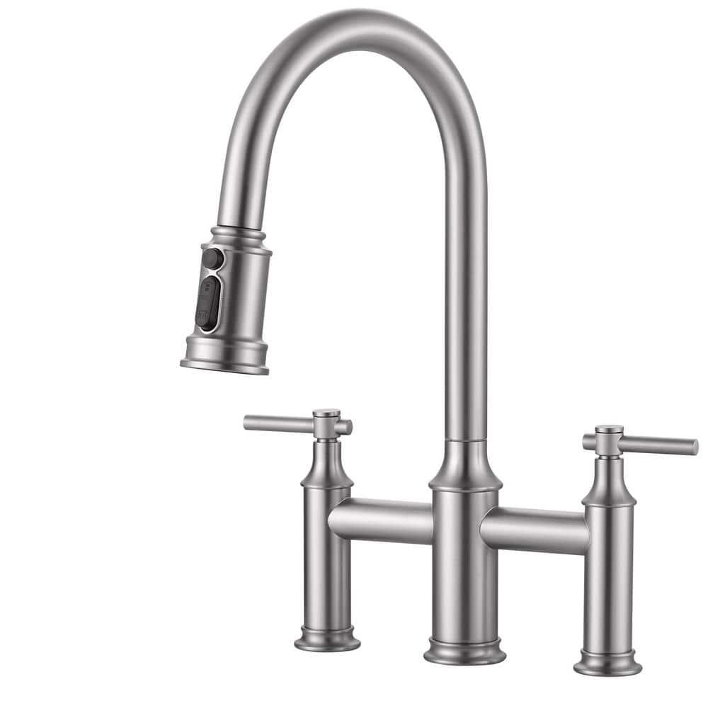 Brushed Nickel Bridge Kitchen Faucet: 3 Holes Kitchen Faucet with Pull Down Sprayer - Two Handles 8 Inch Centerset Kitchen Sink Faucet, 360° Swivel Spout