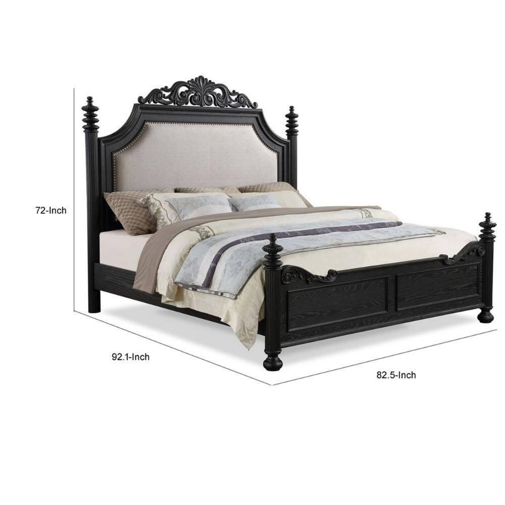 Berry King Black Wood Bed with Cream Upholstered Headboard