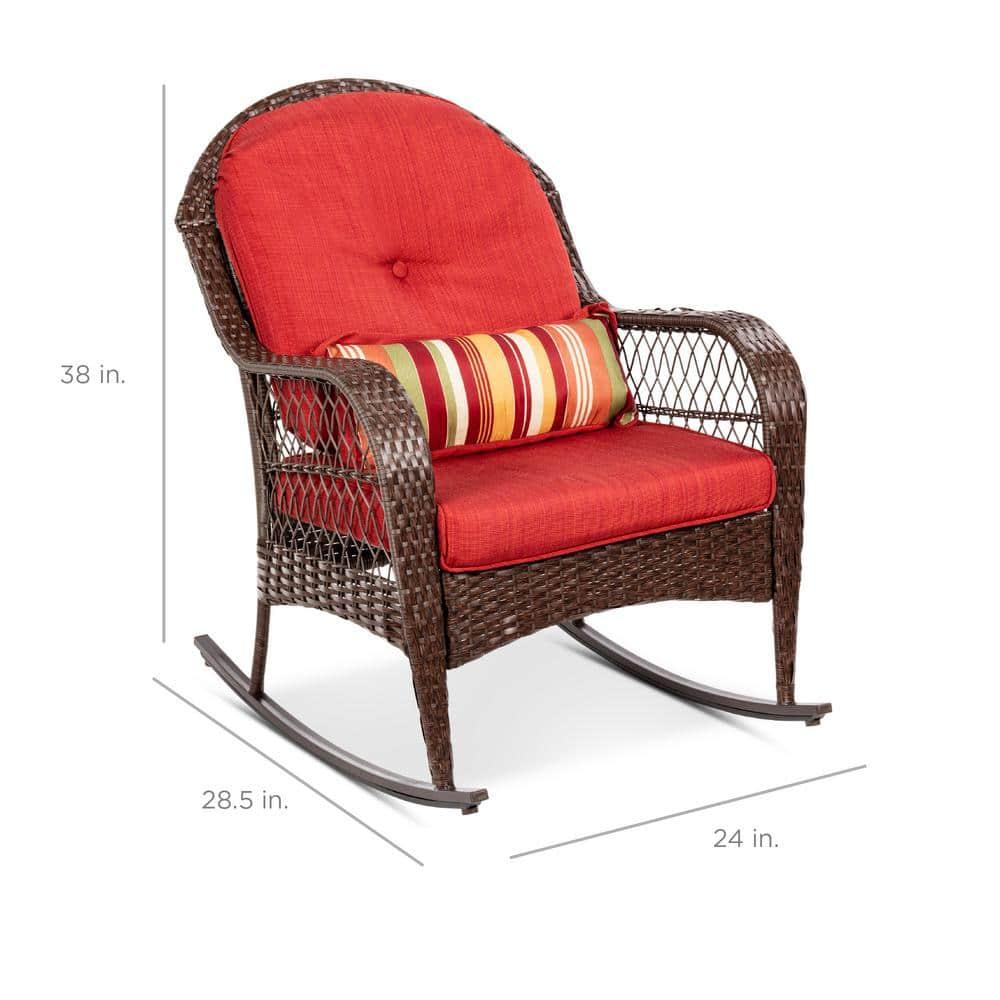Best Choice Products Outdoor Wicker Rocking Chair for Patio, Porch w/ Steel Frame, Weather-Resistant Cushions - Red
