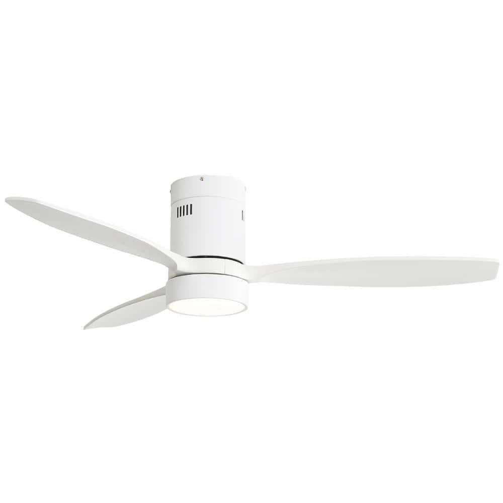 Sofucor 52 inch Wood Low Profile White Ceiling Fans with Lights and Remote, Modern Flush Mount Quiet Ceiling Fan for Bedroom, Reversible DC Moto