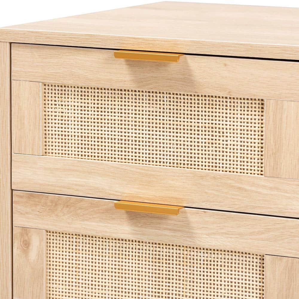 Baird Wood and Rattan 2 Drawer Nightstand Brown - Baxton Studio: Bohemian Style, Gold Tone Handles