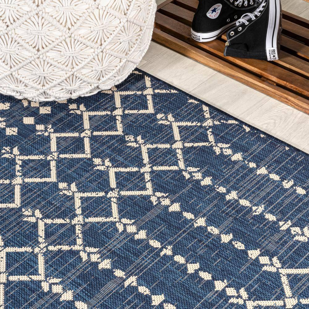 8' x 10' Ourika Moroccan Geometric Textured Weave Indoor/Outdoor Area Rug, Navy/Beige - JONATHAN Y