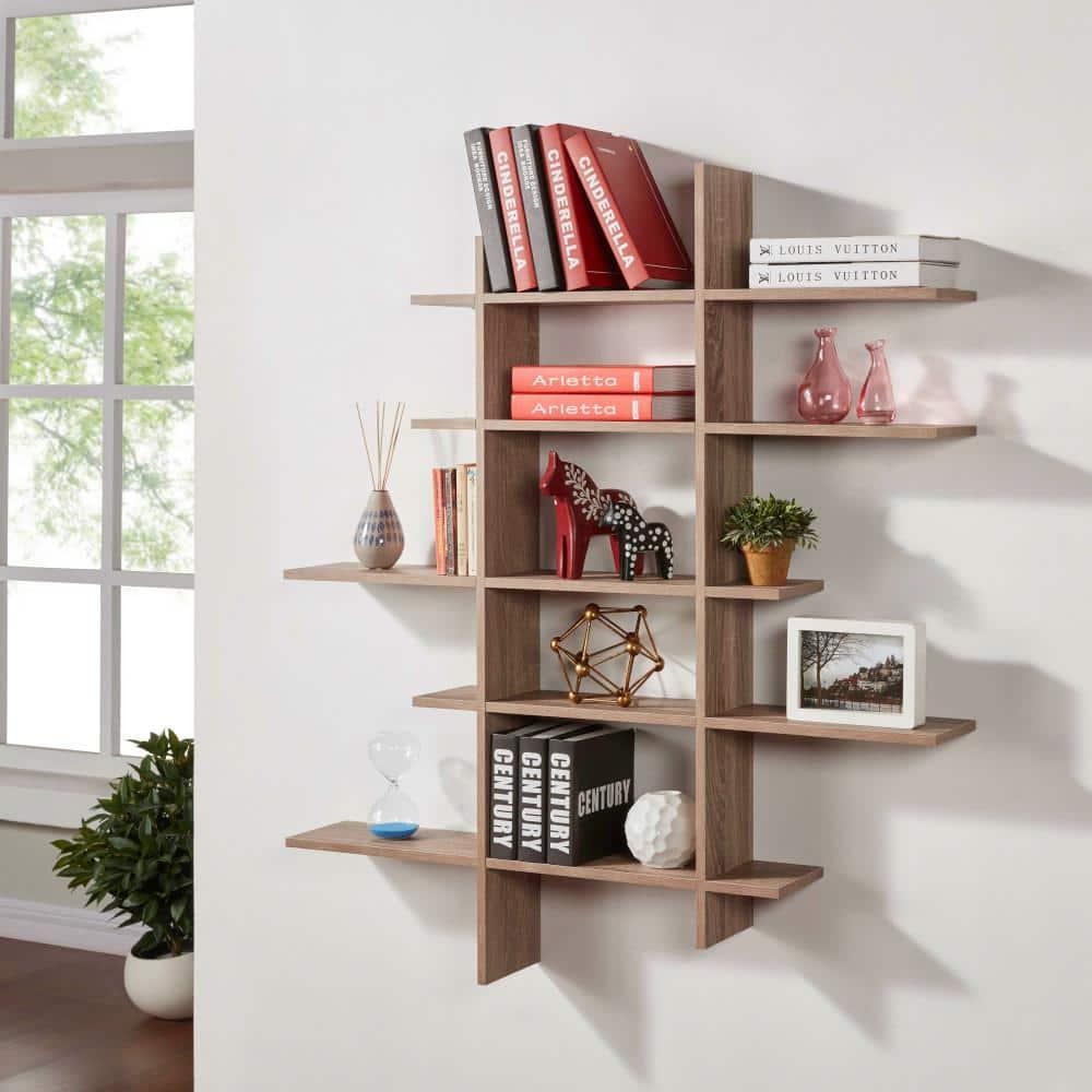 Danya B. 51" x 45" Five Level Asymmetric Shelf Brown: Modular Laminated MDF, Wall Organizer with Mounting Hardware