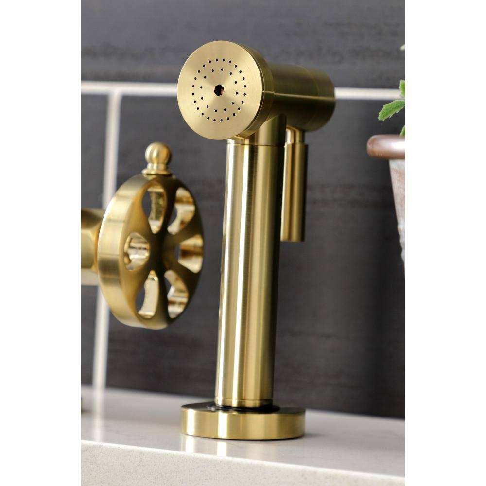 Kingston Brass Kingston Brass Two-Handle 4-Hole Deck Mount Industrial Style Bridge Kitchen Faucet with Brass Side Sprayer KS2333RX