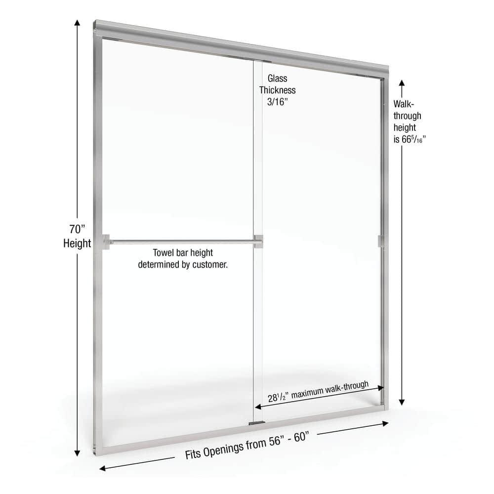 Basco Classic Brushed Nickel 56-in to 60-in W x 70.0-in H Semi-frameless Clear Glass Bypass Sliding Shower door