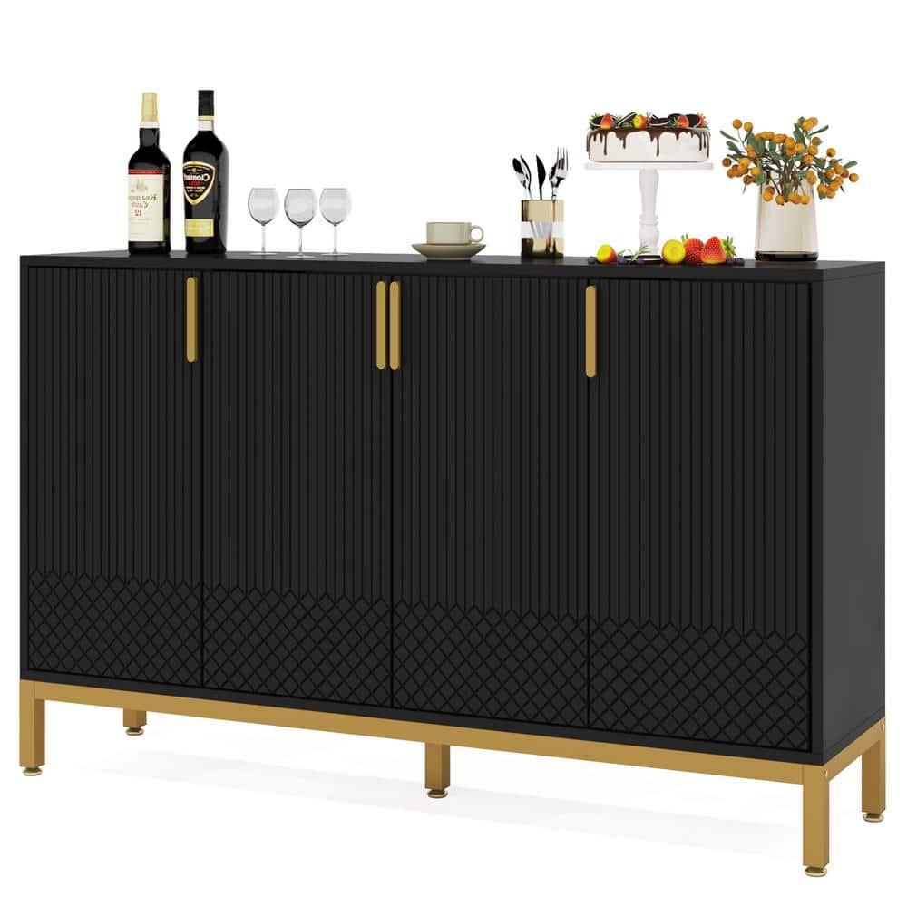 Finmind 59" Buffet Cabinet, 4-Door Storage Sideboard, Black & Gold Coffee Bar Cabinet for Dining Room or Living Room