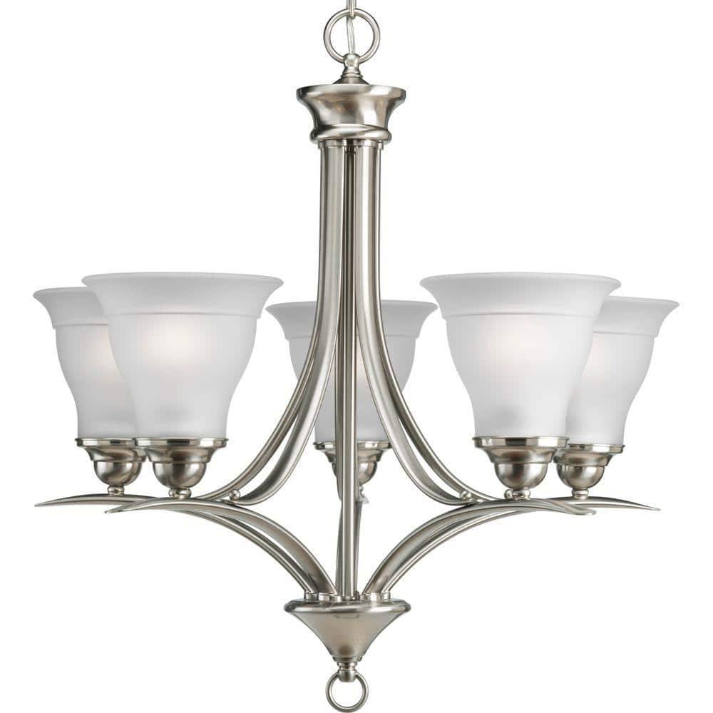 Progress Lighting, Trinity Collection, 5-Light Chandelier, Brushed Nickel, Etched Glass Shades