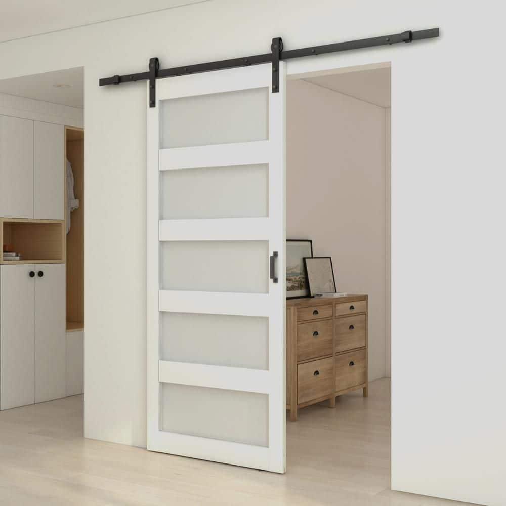 Calhome 5 Lite Tempered Frosted Glass Finished Composite Interior Sliding Barn Door with Hardware Kit