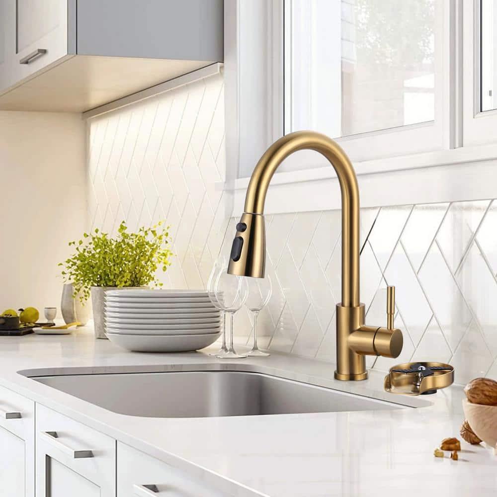 ARCORA Single Handle Stainless Steel Pull-Down Kitchen Faucet with Deckplate and Glass Rinser Combo