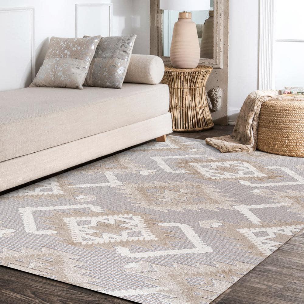 3'x5' Sumak High-Low Pile Neutral Diamond Kilim Indoor/Outdoor Area Rug, Beige/Gray - JONATHAN Y