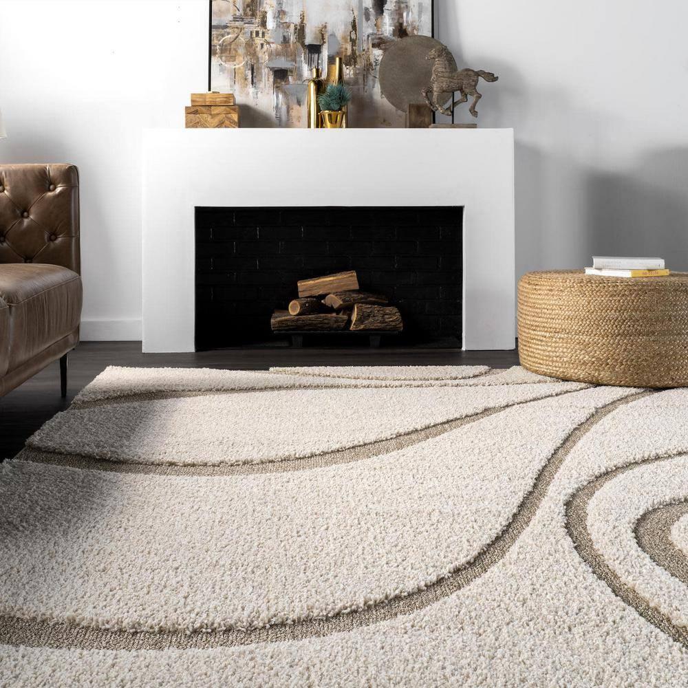 Nuloom Carolyn Abstract 6 Square Shag Indoor Area Rug for Living Room Bedroom Dining Room Nursery, Cream/Beige