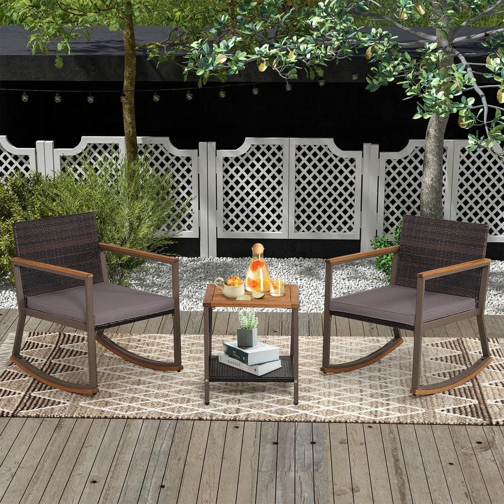 3 Pieces Rattan Rocking Bistro Set, Patio Conversation Sets with Coffee Table and Cushions-Off Navy