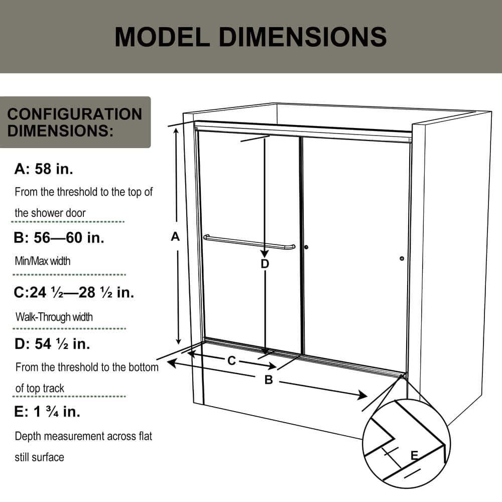 56 - 60 in. W x 58 in. H Semi-Frameless Sliding Bathtub Door in Finish with Clear SGCC Tempered Glass