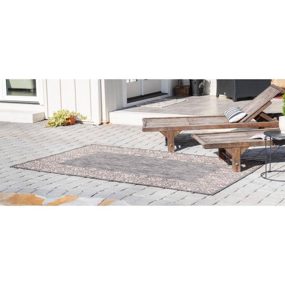 Unique Loom 4' 1 x 6' 1 Rectangle Indoor/Outdoor Border Charcoal Gray Area Rug