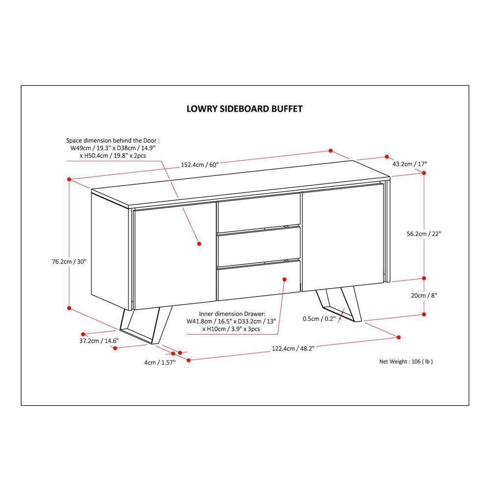 Simpli Home Lowry 60"W Solid Wood Modern Industrial 2-Door Sideboard Buffet with 3 Center Drawers