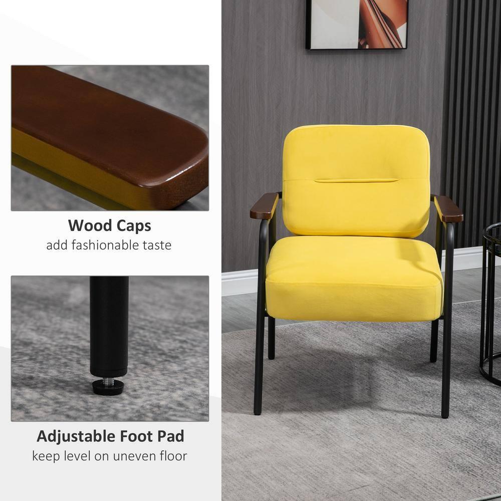 Everly Quinn Modern Accent Chair with Cushioned Seat and Back, Upholstered Velvet Armchair for Bedroom, Living Room Chair with Arms and Steel Legs, Yellow