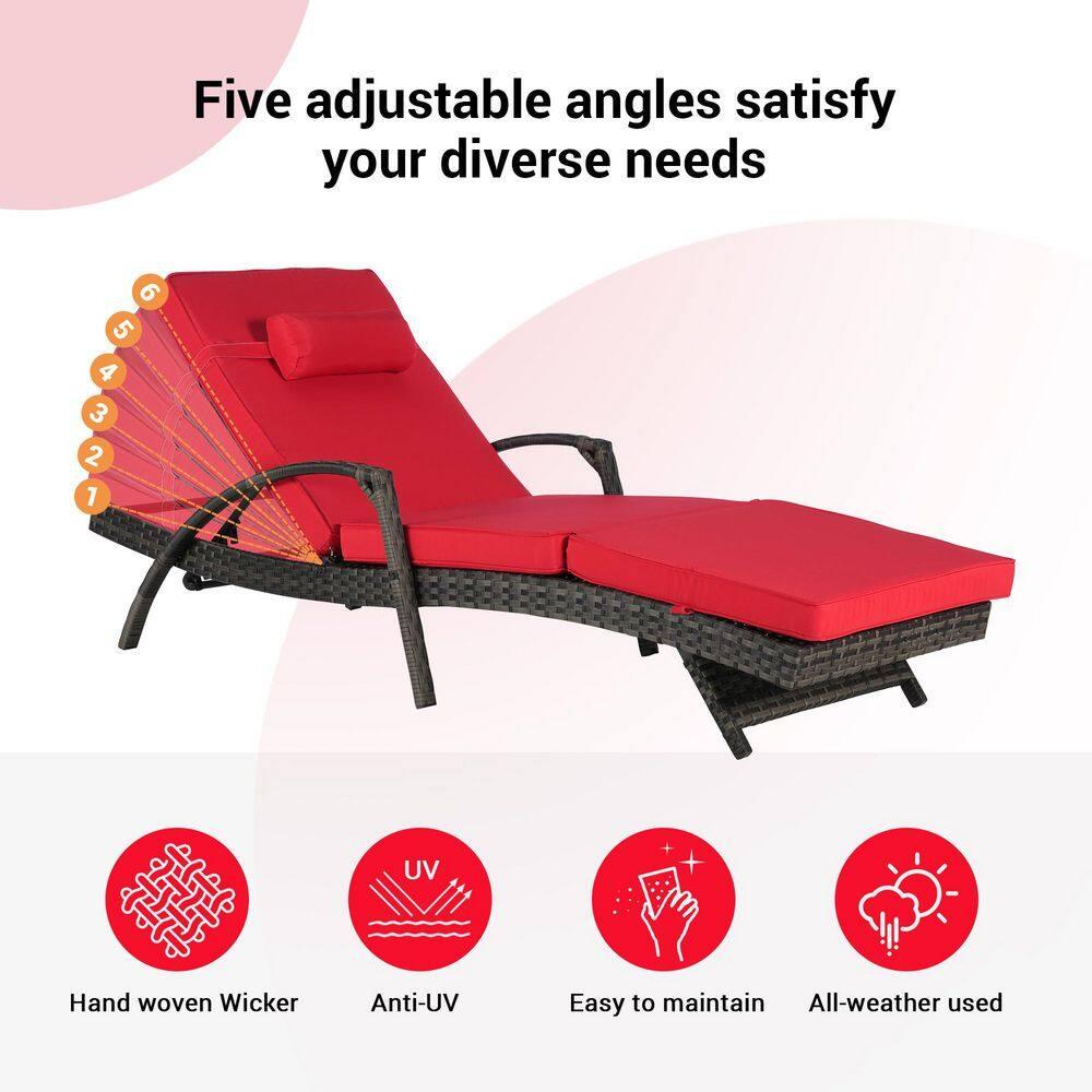 PAPROOS Outdoor Chaise Lounge Chair Set of 2, Rattan Patio Chaise Lounge Chair with Cushion and Arms, Modern 5-Positions Adjustable Outdoor Lounger Recliner for Poolside, Garden, Backyard, Red