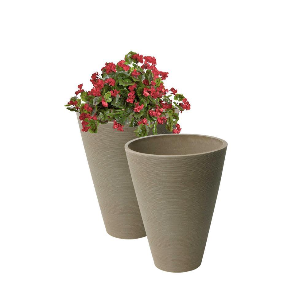 Algreen Valencia Planter, 2 Round Taper Ribbed Planters, 11.4-In. Diameter by 14-In., Taupe, 2 Pack