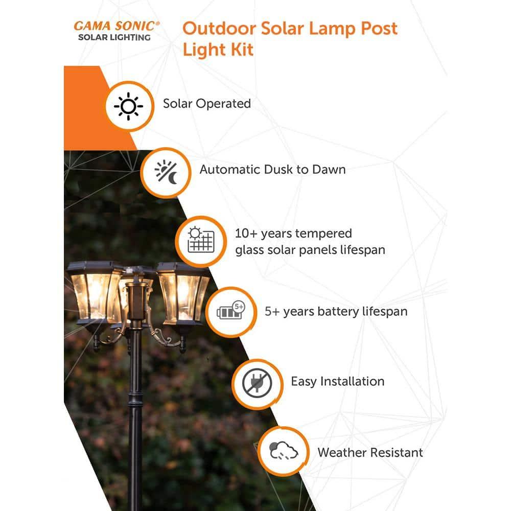 Victorian Bulb Series 3-Head Black Integrated LED Solar Outdoor Post Light